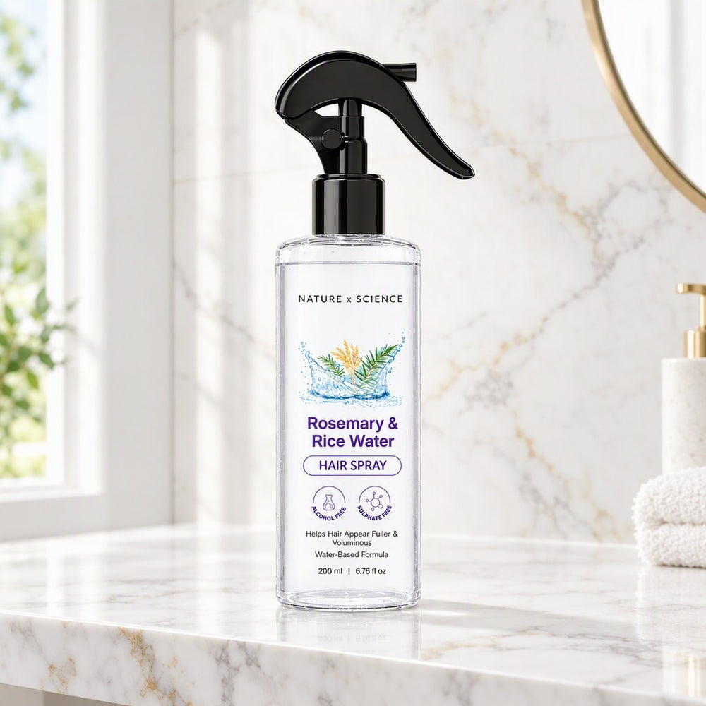 Rosemary & Rice Water Hair Spray on a bathroom counter