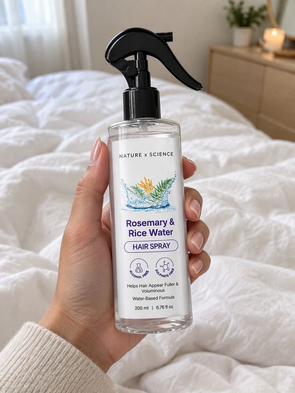 Rosemary & Rice Water Hair Spray held in hand